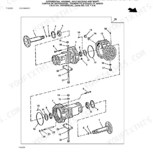 John Deere 310G, 310SG, 315SG backhoe loader exploded view of the differential housing, axle housing and axle shaft with numbered reference keys