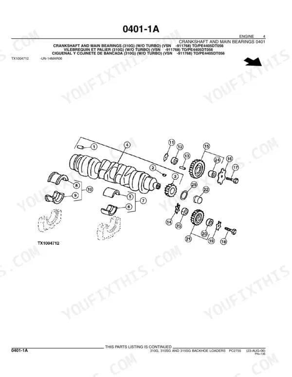 John Deere 310G, 310SG, 315SG backhoe loader exploded view of the crankshaft, main bearings and gears for the non-turbo engine