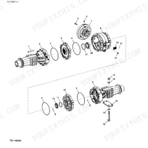 John Deere 310SJ backhoe loader Exploded view of the differential and rear axle housings, group 0201