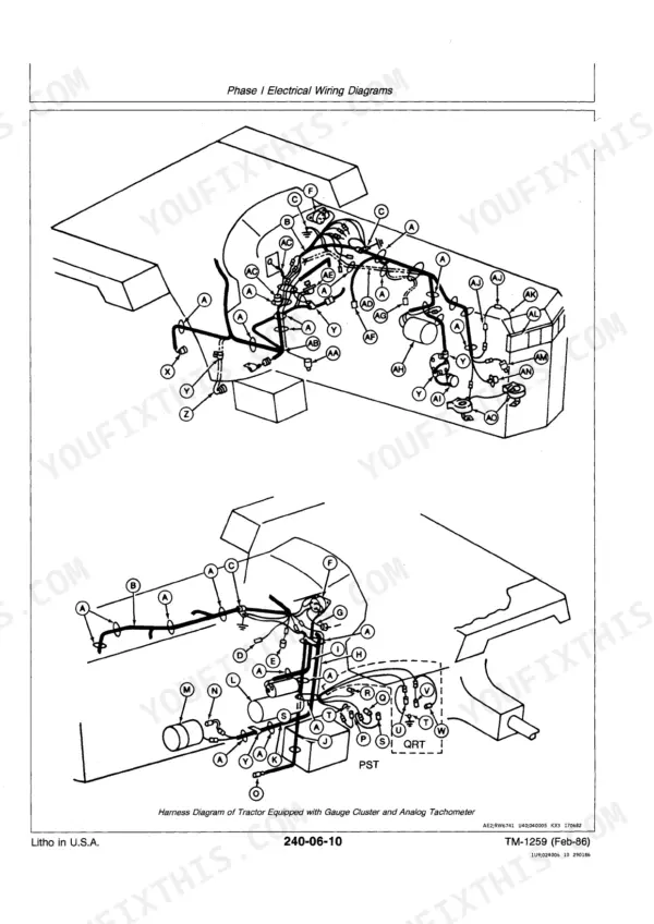 John Deere 4050–4850 tractor Two harness routing illustrations with lettered connection points for gauge cluster and tachometer harness