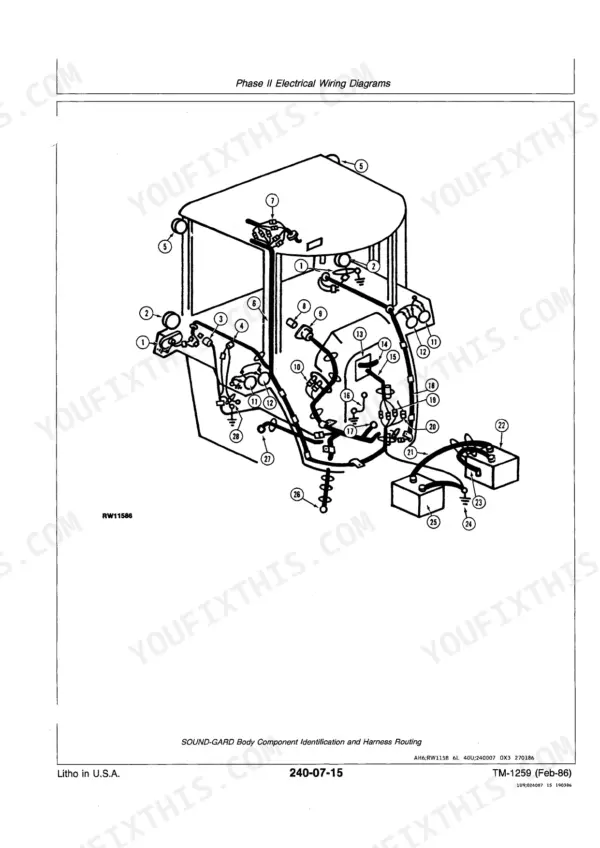 John Deere 4050–4850 tractor Cab body illustration with numbered electrical components, wiring harness routing, batteries and lamps