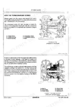 John_Deere_4050_4250_4450_4650_4850_Tractor_Operation_and_Test_Technical_Manual_TM1259.pdf-fuel-and-air-systems-50-1.webp John Deere 4050–4850 tractor Turbocharger cutaway illustrations of air flow and lubrication with labeled turbine wheel, housings and bearings
