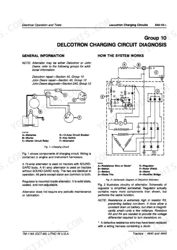 John Deere 4640 and 4840 tractor charging circuit and alternator diagram