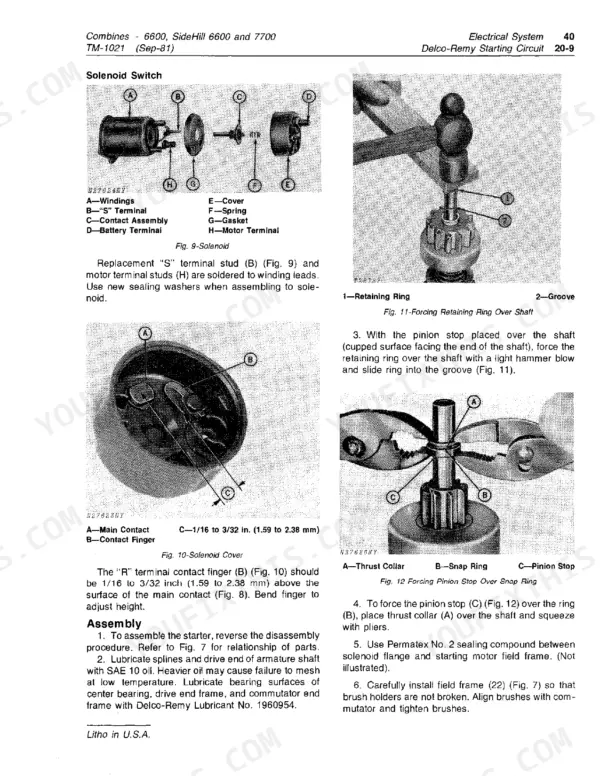 John_Deere_6600_7700_Side_Hill_Combine_Repair_Technical_Manual_TM1021.pdf-charging-starting-and-ignition-circuits-405-1.webp John Deere 6600 combine Delco-Remy starting circuit, solenoid switch components and replacement (Electrical System 40)