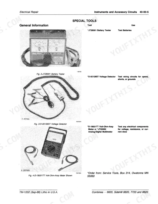 John Deere 6620, 7720 and 8820 combine electrical repair special tools and multimeter