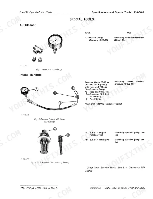 John Deere 6620, 7720 and 8820 combine air cleaner gauge and intake manifold test tools