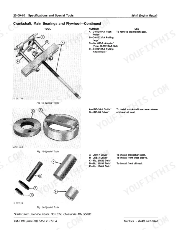John Deere 8440, 8640 tractor crankshaft special tools with pullers and drivers illustrated