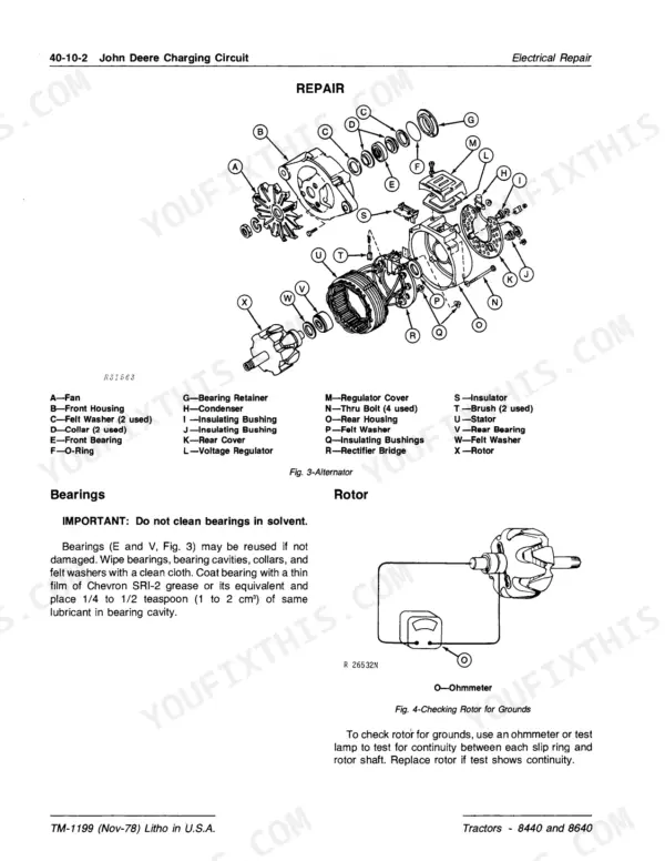 John Deere 8440, 8640 tractor alternator exploded view with rotor ground check