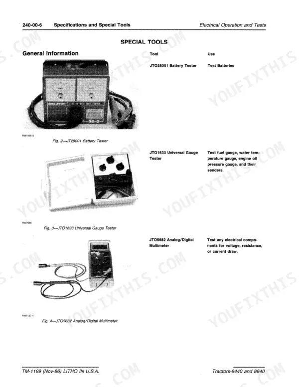 John Deere 8440, 8640 tractor special tools: battery tester, gauge tester, multimeter
