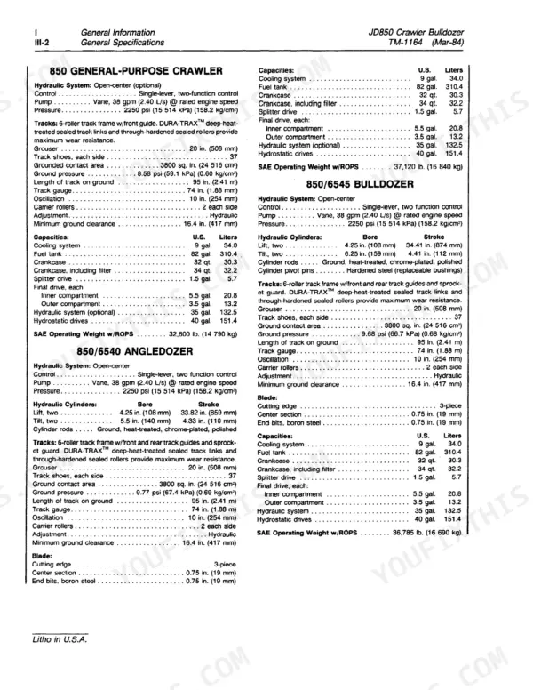 John Deere JD850 general specifications for crawler, angledozer and bulldozer: hydraulics, tracks and capacities.