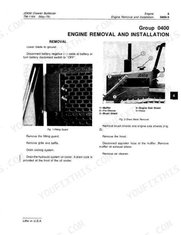 John Deere JD850 engine removal steps showing fitting guard and sheet metal component removal.