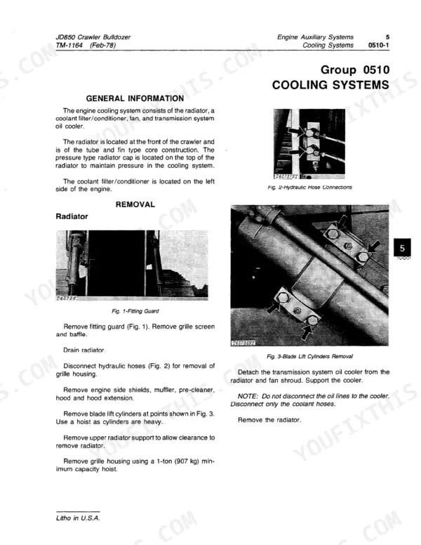 John Deere JD850 cooling system overview and radiator removal with hose and blade lift cylinder photos.
