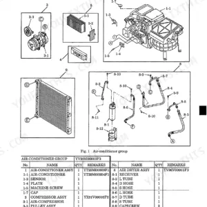 Kobelco SK115SR-1E, SK135SR-1E, SK135SRLC-1E, SK135SRL-1E hydraulic excavator air conditioner piping layout drawing with component callouts and parts list
