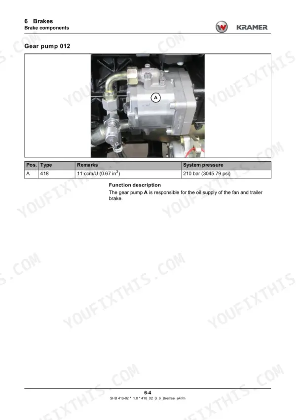 Kramer_2706_KT276_System_Handbook_Telehandler_1000363122.pdf-brakes-134-1.webp Kramer 2706, KT276 telehandler gear pump photo with labeled connection and small specification table