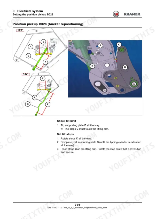 Kramer 2706, KT276 telehandler linkage position sensor adjustment diagrams with labeled parts and instruction steps