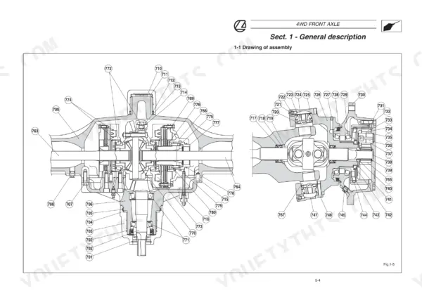 Landini Powerfarm 60–105, Powershuttle 75–105 tractor 4WD front axle assembly cutaway drawing