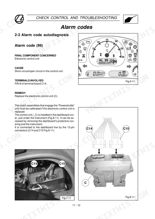Landini_Powerfarm_Powershuttle_60-105_Training_Manual_3675939M2.pdf-troubleshooting-1015.webp Landini Powerfarm 60–105, Powershuttle 75–105 tractor Powershuttle alarm code 99 page with dashboard display and control unit connectors