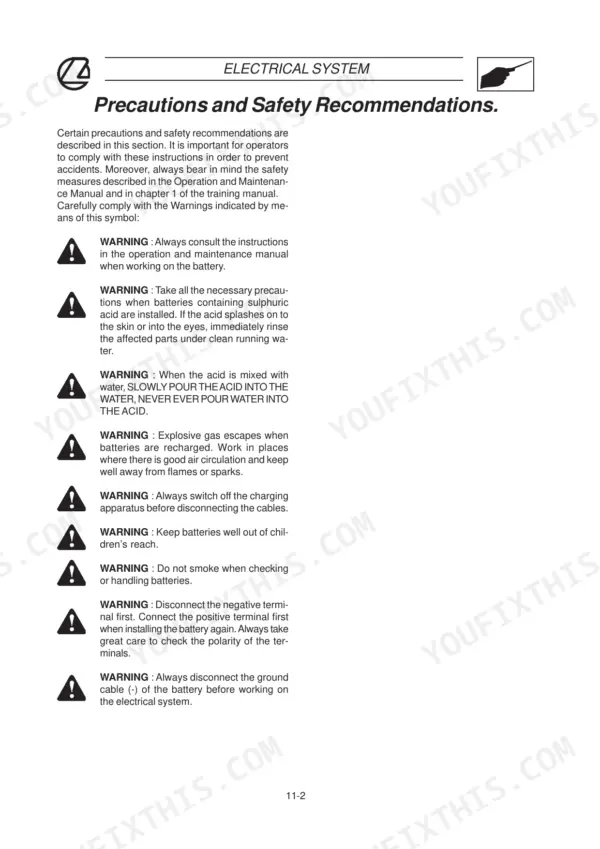 Landini Vision 80, 90, 100 tractor electrical system precautions and safety warnings page