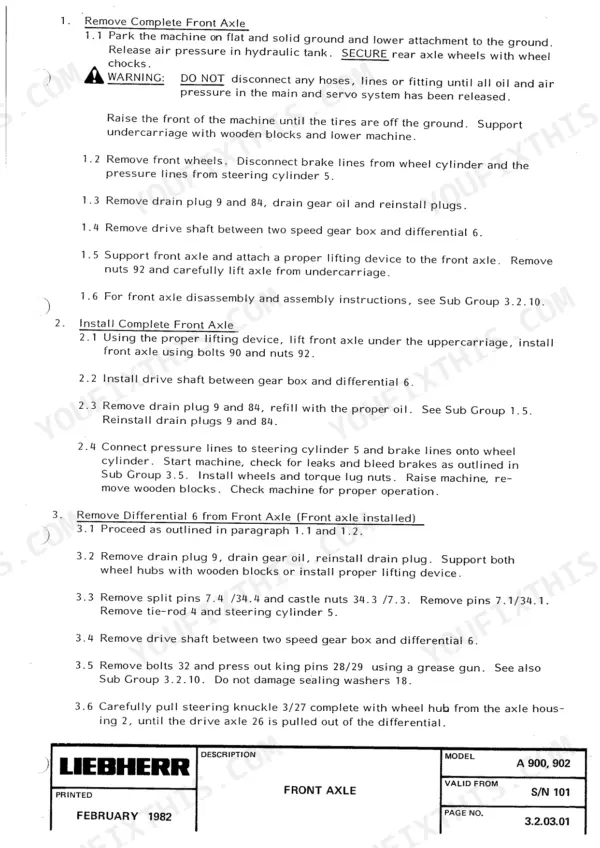 Liebherr A 900, A 902, A 912, A 922, A 942 hydraulic excavator front axle removal and installation procedure page