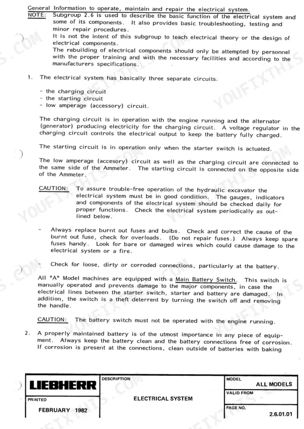 Liebherr A 900, A 902, A 912, A 922, A 942 hydraulic excavator electrical system general information on charging, starting and accessory circuits