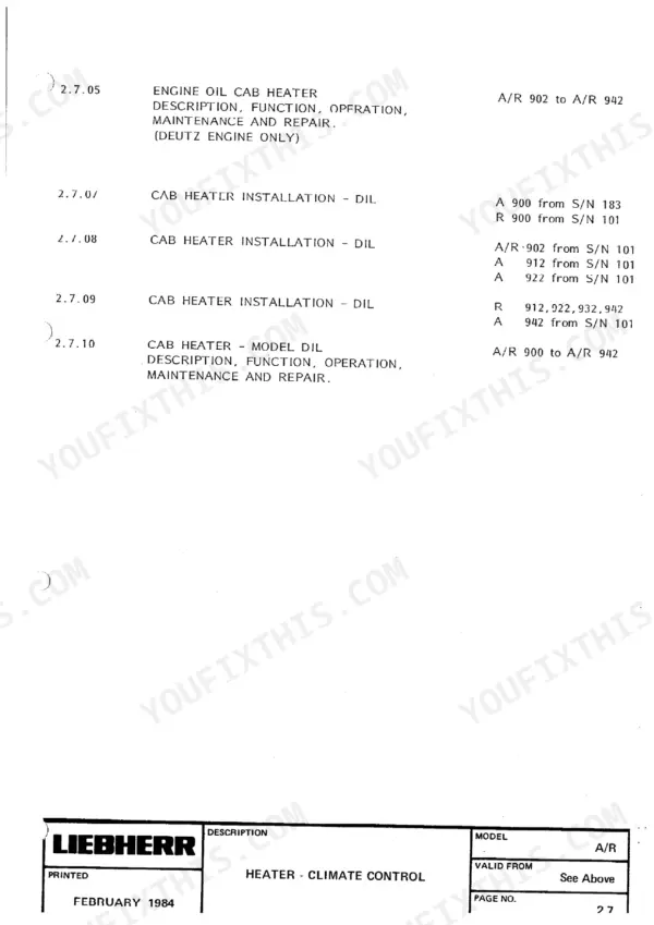 Liebherr A 900, A 902, A 912, A 922, A 942 hydraulic excavator heater and climate control subgroup index with cab heater installation entries