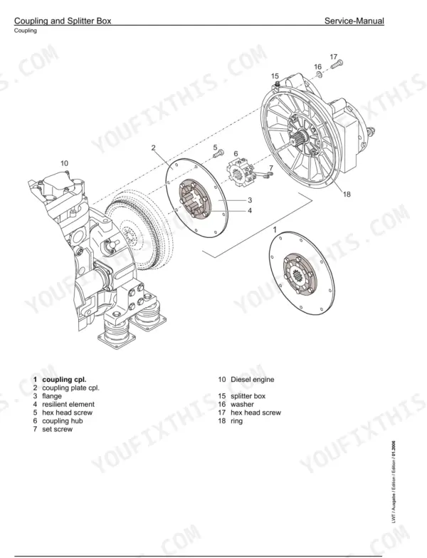 Liebherr PR724, PR734, PR744, PR754, PR764 Litronic crawler dozer engine coupling and splitter box exploded view