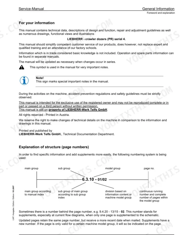 Liebherr PR724, PR734, PR744, PR754, PR764 Litronic crawler dozer foreword and explanation of the page numbering structure