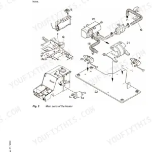 Liebherr R900C, R904C Litronic crawler excavator exploded drawing of auxiliary heater main parts with numbered components, mounting plate, fuel pump and exhaust hose