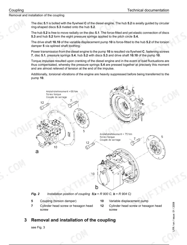 Liebherr R900C, R904C Litronic crawler excavator installation drawings of the engine-to-pump torsion damper coupling with screw torque values and numbered parts legend
