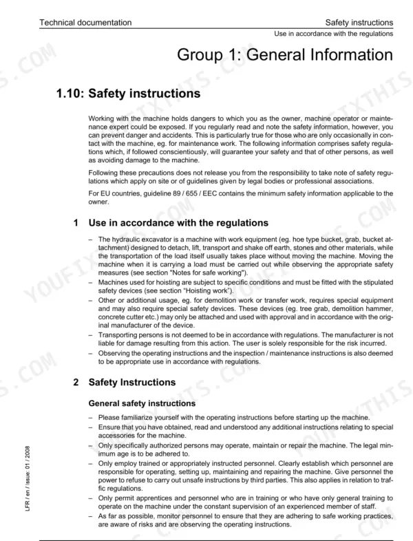 Liebherr R900C, R904C Litronic crawler excavator text page of safety instructions covering correct use of the excavator and general safety rules for operators
