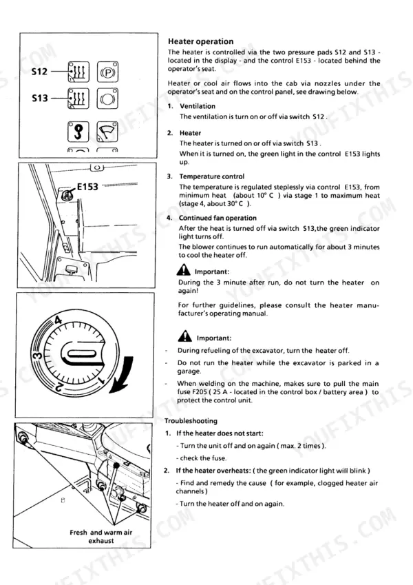 Liebherr R900, R902, R912, R922, R932, R942 Litronic hydraulic excavator Cab heater operation page with switch and control illustrations