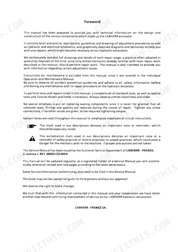 Liebherr R900, R902, R912, R922, R932, R942 Litronic hydraulic excavator Service manual foreword page