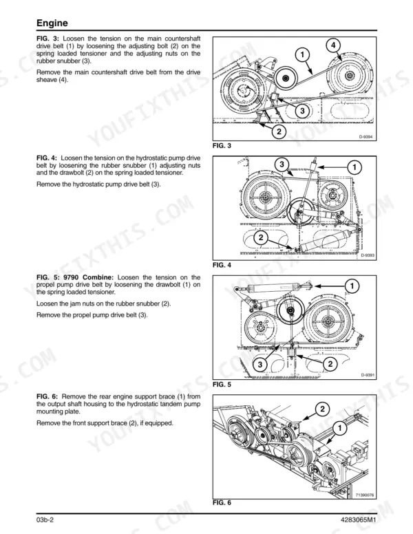 Massey Ferguson 9690, 9790 combine engine drive belt tensioner and belt removal steps with figures