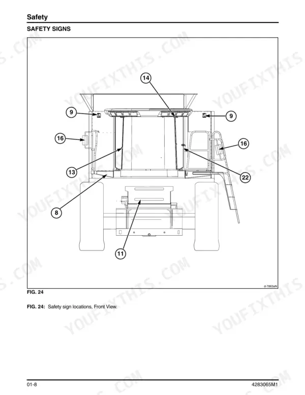 Massey Ferguson 9690, 9790 combine safety sign locations, front view drawing