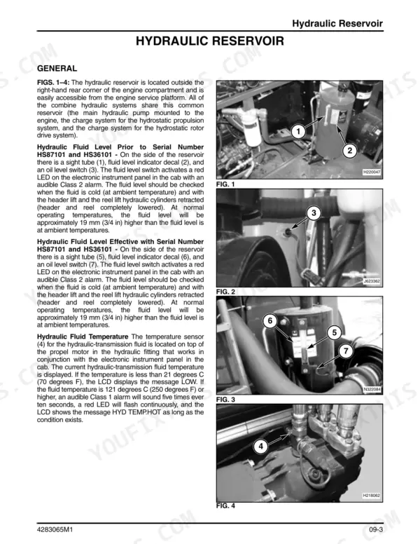 Massey Ferguson 9690, 9790 combine hydraulic reservoir sight gauge and fluid level switch photos