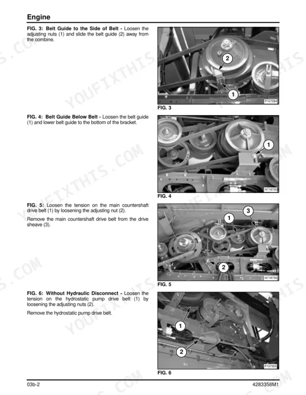 Massey Ferguson 9695, 9795 rotary combine engine belt drive guides and drive belt removal steps