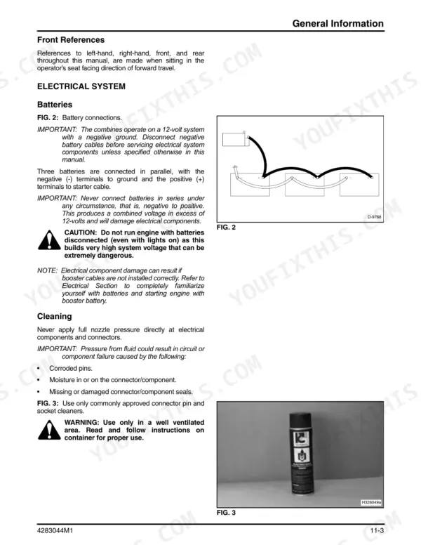Massey Ferguson 9895 rotary combine electrical system battery connections and cleaning precautions