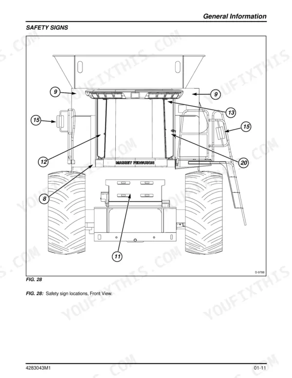 Massey Ferguson 9895 rotary combine safety sign locations, front view