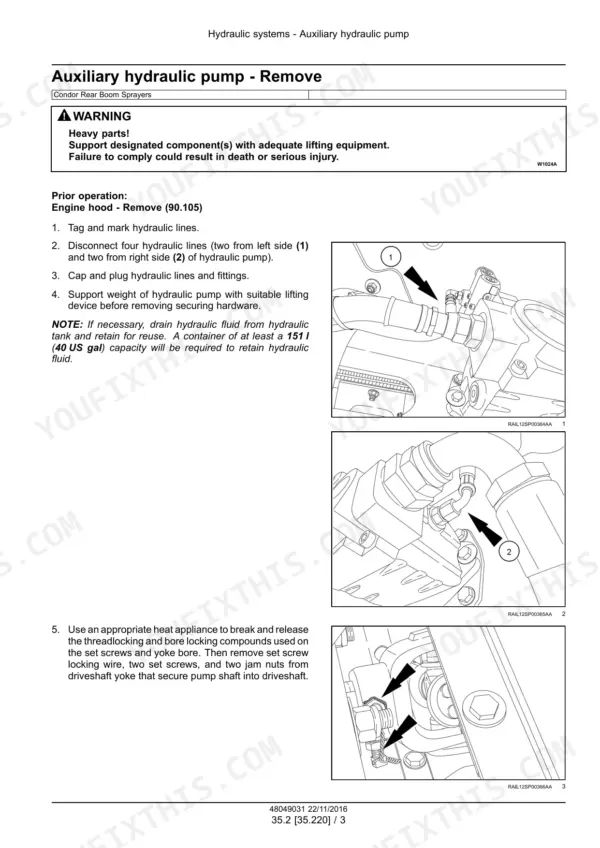 Miller Condor GC260 GC300 sprayer auxiliary hydraulic pump removal procedure (section 35.220)