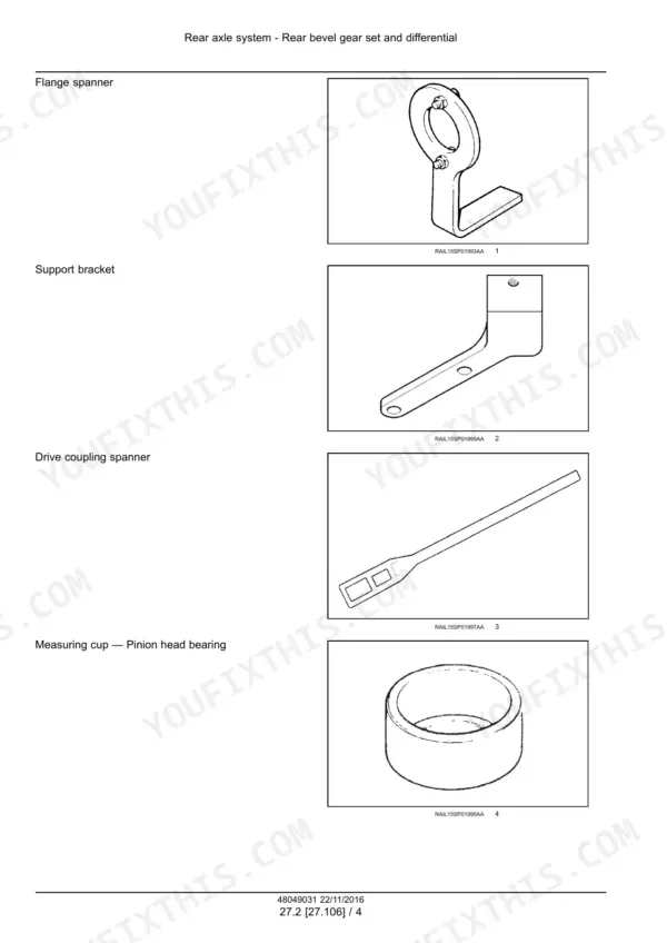 Miller Condor GC260 GC300 sprayer differential special tools: flange spanner, support bracket, drive coupling spanner (section 27.106)