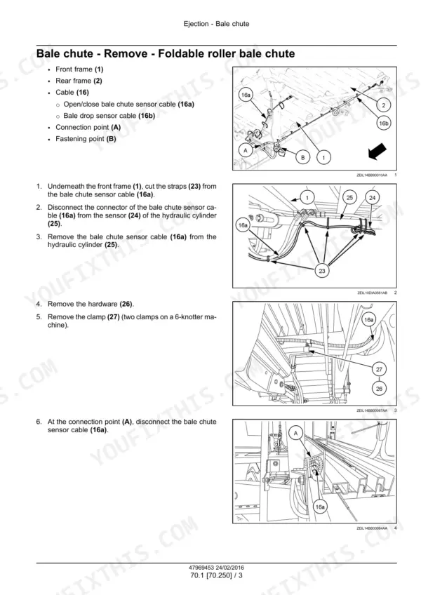 New_Holland_230_330_340_BigBaler_Square_Baler_Service_Manual_47969453.pdf-bale-chute-1298-1.webp New Holland BigBaler 230–340 square baler Removal steps for the bale chute sensor cable with photos of frames, cable, clamps and hydraulic cylinder