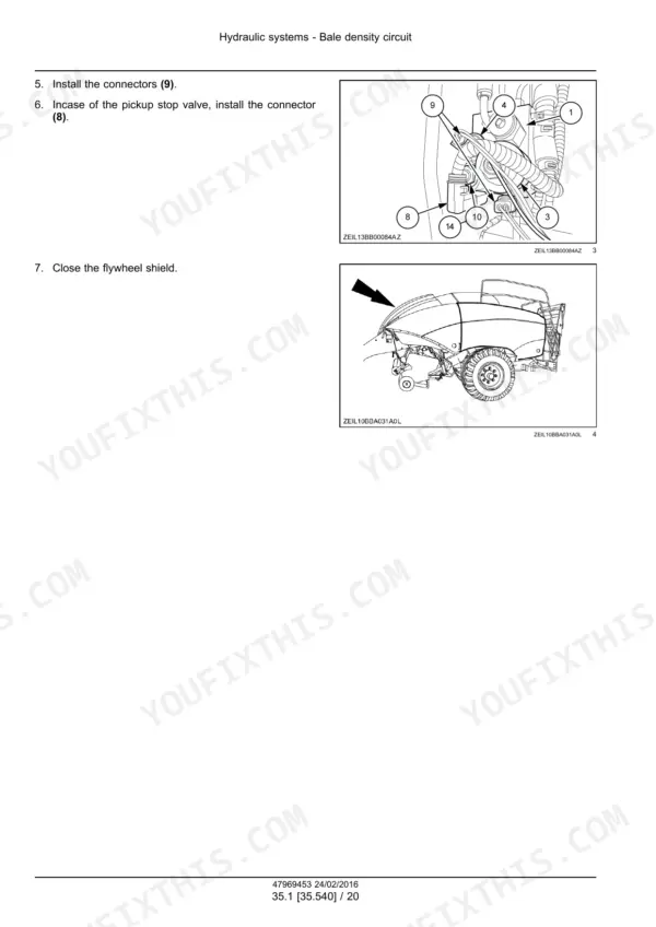 New Holland BigBaler 230–340 square baler Installation steps with photos of numbered electrical connectors at the hydraulic valve and the flywheel shield