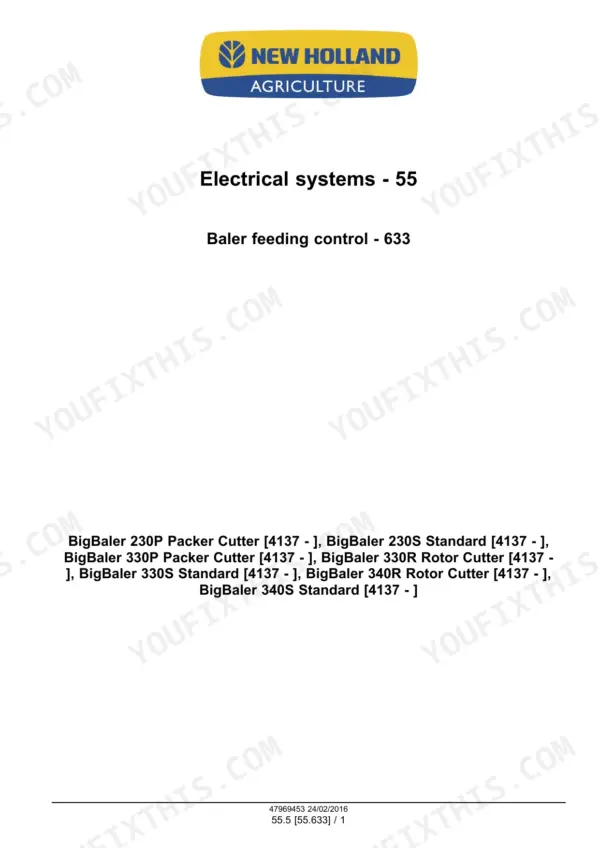 New Holland BigBaler 230–340 square baler Electrical systems section title page for baler feeding control with applicable model variants