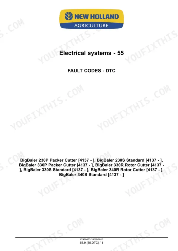 New Holland BigBaler 230–340 square baler Electrical systems section title page for fault codes (DTC) with applicable model variants