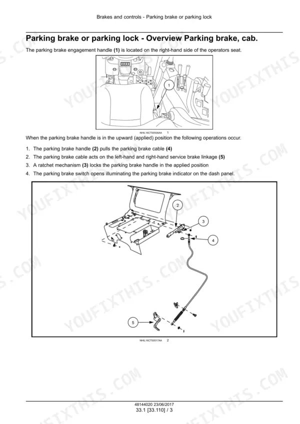 New_Holland_45_50_55_Boomer_Tier_4B_Final_Service_Manual_Compact_Tractor_48144020.pdf-brakes-and-controls-702-1.webp New Holland Boomer 45/50/55 compact tractor parking brake handle, cable and linkage exploded view