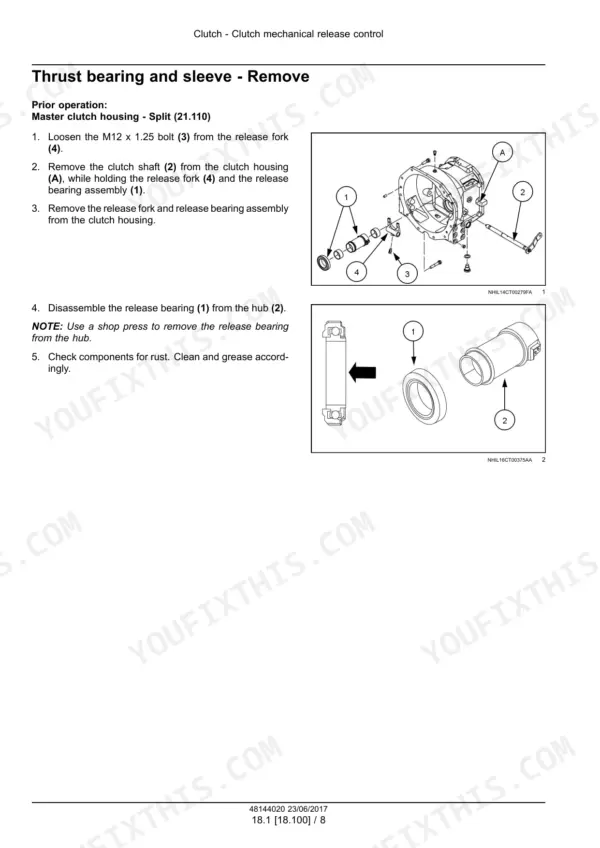 New Holland Boomer 45/50/55 compact tractor clutch release bearing, fork and housing removal illustrations