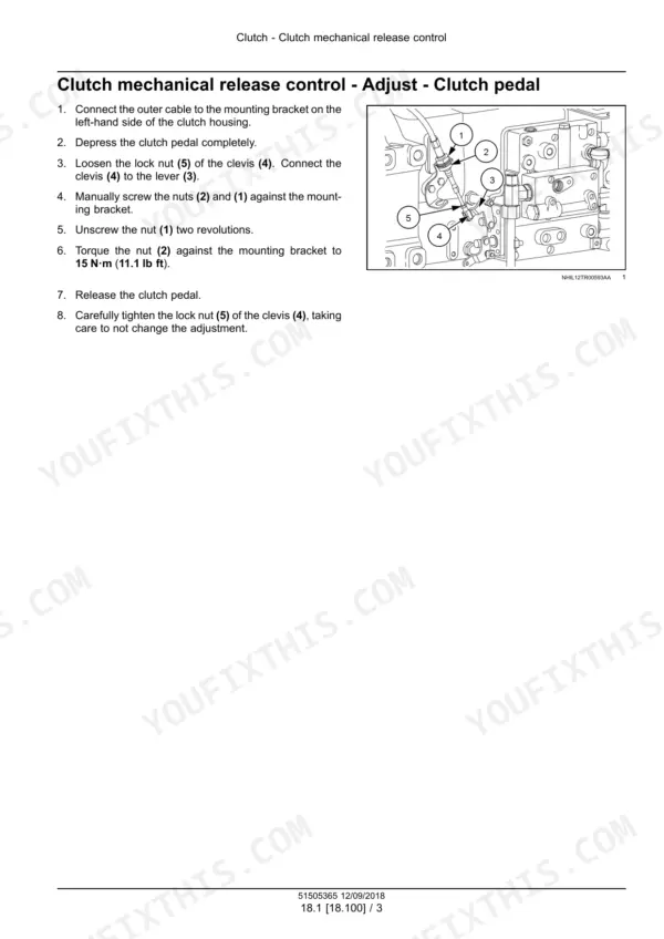 New Holland PowerStar 65, PowerStar 75 tractor clutch pedal cable adjustment procedure with numbered components