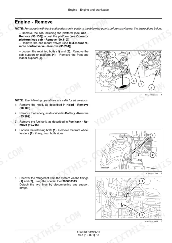 New Holland PowerStar 65, PowerStar 75 tractor engine removal procedure with numbered component illustrations