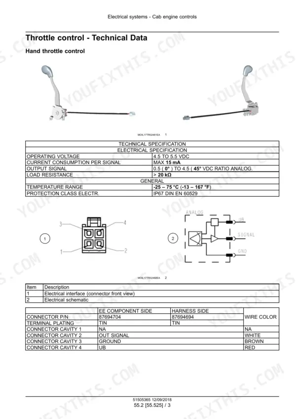 New Holland PowerStar 65, PowerStar 75 tractor hand throttle control specifications with connector pinout and schematic