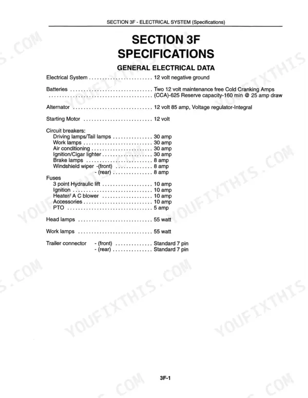 New Holland 9030 Bidirectional tractor general electrical data specifications